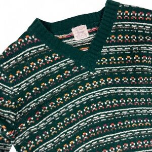 Sears V-Neck Sweater with Green and White Pattern